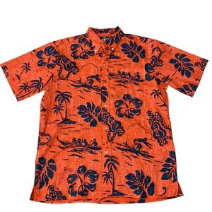 Reyn Spooner Hawaiian Shirt Mens Medium Orange Blue Floral Surf Aloha Classic